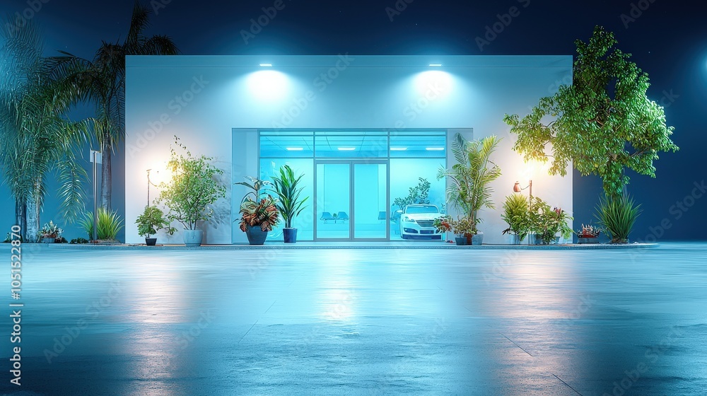 Poster A nighttime view of an empty office with illuminated elements creating a tranquil setting, captured against a bright white backdrop.