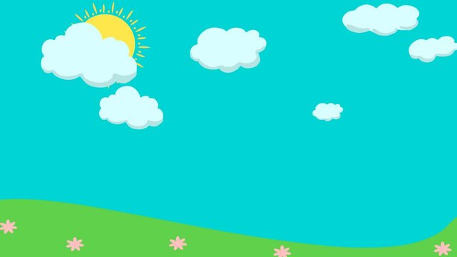 Rainbow cartoon animation on cloudy sky and meadow flowers with copy space for kids