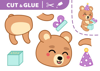Naklejka premium Cut and glue. Bear in birthday. Applique. Paper game. Vector
