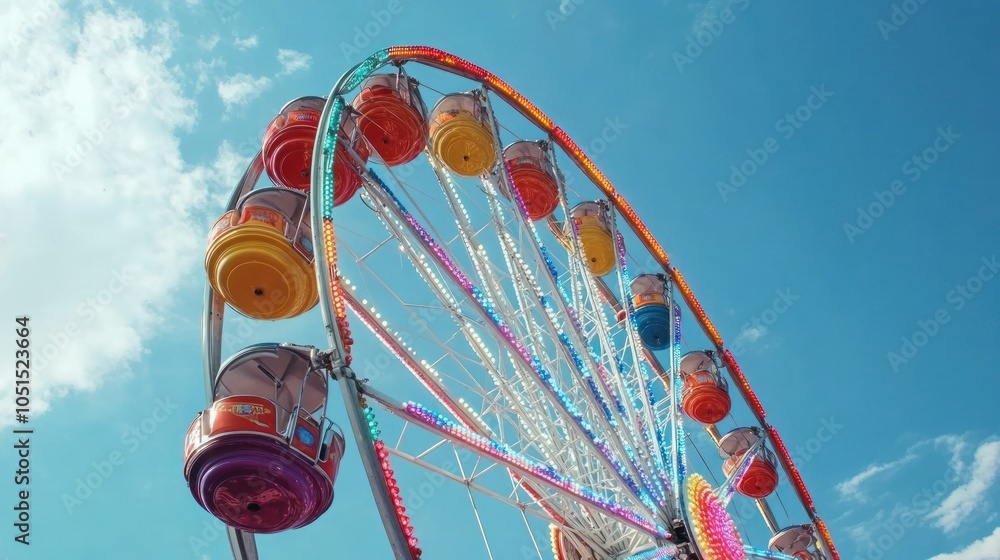 Wall mural a colorful ferris wheel against a blue sky with white clouds.