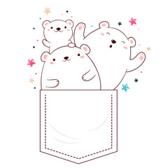 Obraz premium Little polar bears in pocket. Baby print with cute animal in pocket. Childish print with three funny polar bears friends. Can be used for t-shirt, sticker, greeting card design. Vector EPS8