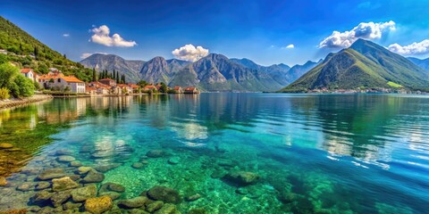 Fototapeta premium Scenic coastal view of Montenegro's crystal-clear waters and beautiful mountains , Montenegro, Balkans, Adriatic Sea