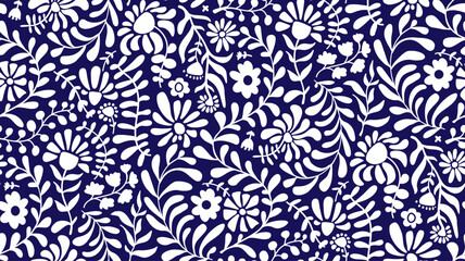 flowing trailing climbing paper cut out style abstract blooms flowers and foliage seamless pattern in navy blue and white © VecTerrain