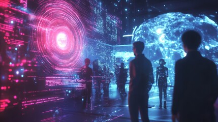 Digital Revolution: Silhouettes of individuals stand in awe before a mesmerizing display of futuristic technology, a vibrant fusion of pink and blue hues illuminating the vastness of a digital world.