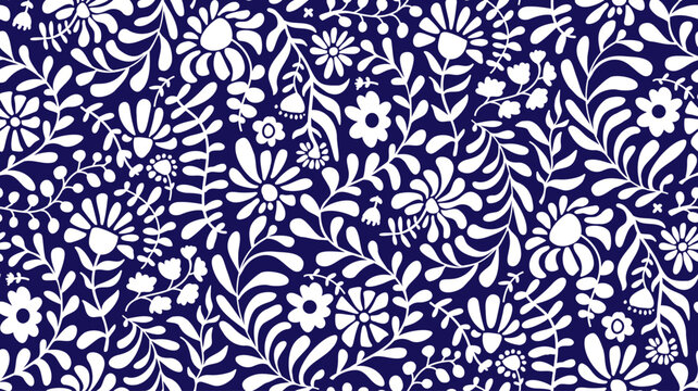 flowing trailing climbing paper cut out style abstract blooms flowers and foliage seamless pattern in navy blue and white