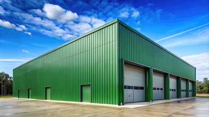 Large green outdoor metal building with a spacious interior and industrial design, metal, building, large, green