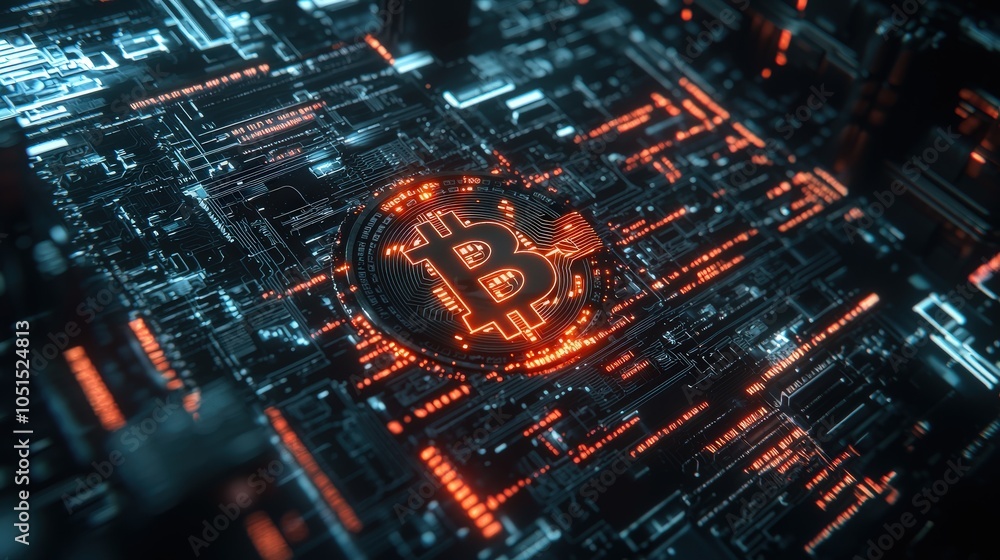 Poster a virtual currency icon surrounded by high-tech data streams, representing the fintech revolution an