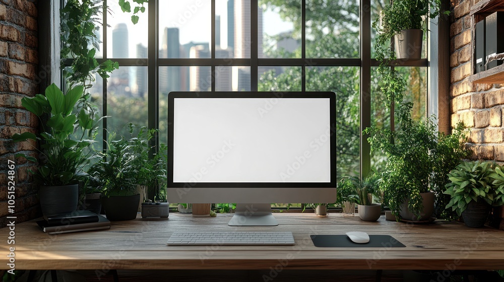 Poster a minimalist workspace with a blank computer screen and city view
