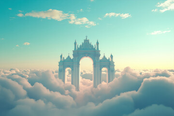 An Ethereal View of the Pearly Gates Above a Sea of Fluffy Clouds at Sunset