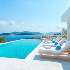 Fototapeta premium Terrace in villa with swimming pool clear blue water with stunning sea view and sky