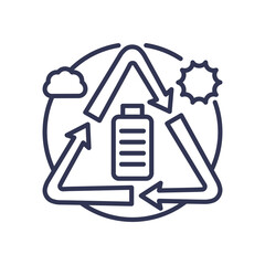 Battery with recycling arrows, sun, and cloud symbolizes eco-friendly charging.