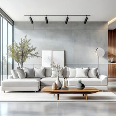 Grey sofa against concrete wall. Loft, minimalist home interior design living room