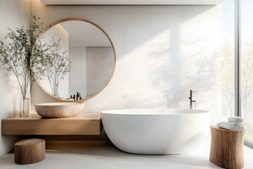 White Interior design of modern bathroom with sandstone wall