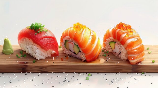Three sushi rolls on a wooden board, one of which is a tuna roll. Generative AI