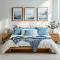 wooden bed with blue pillows and two bedside cabinets against white wall