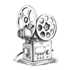 Naklejka premium Old film projector with reels, vintage cinema equipment sketch engraving. Black and white image.
