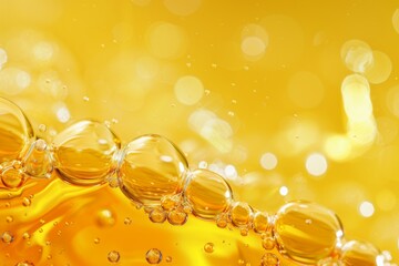 Oil drops texture, omega bubbles, gold liquid skincare, essential droplets. Background with transparent yellow dribs of different shapes.