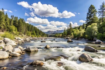 Serene mountain river landscape with clear sky and lush forest