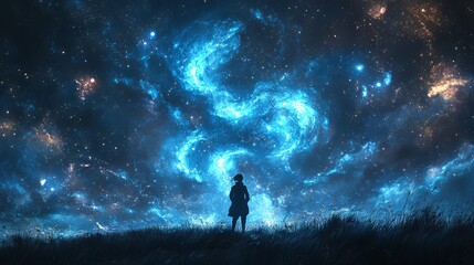 Fototapeta premium An expansive nightscape with swirling, radiant mist under a sky filled with stars and eldritch symbols. A shadowy, phantasmic figure drifts through the landscape, creating an aura of mystery and deep 