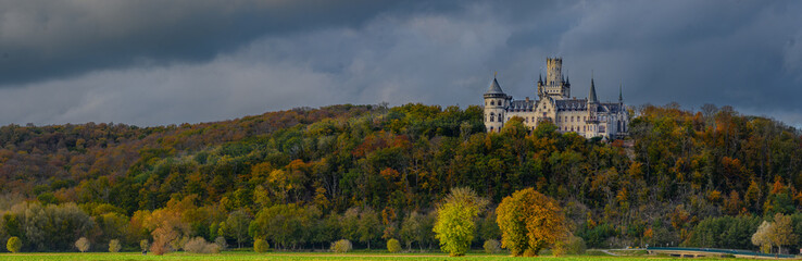 Panoramic view of Marienburg Castle, historic Gothic Revival masterpiece in Lower Saxony, Germany,...
