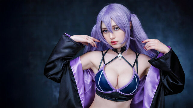 Young woman wearing purple wig and suggestive cosplay costume