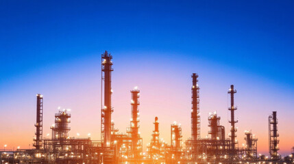 Fototapeta premium Illuminated refinery facility at sunset, showcasing towering structures against vibrant sky. scene captures industrial beauty and energy of facility