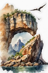 Pterodactyl nesting in a rocky cliffside in watercolor style