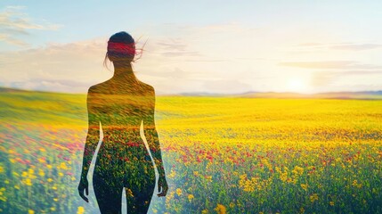 Fototapeta premium Silhouette of a person in a vibrant flower field at sunset.