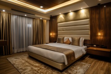 Luxury Modern Bedroom with Elegant Design Featuring Cozy Bed and Ambient Lighting