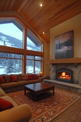 A warm and inviting living room features a stone fireplace, comfortable seating, and large windows...