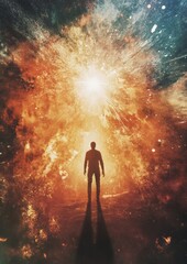 A lone figure stands in front of a bright light in a vast and colorful cosmic background.