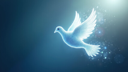 Obraz premium A serene image of a white dove with outstretched wings, set against a tranquil blue background with light bubbles.