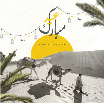 Contemporary style Arabian yellow theme eid Mubarak post, A man walking with camels in the desert.