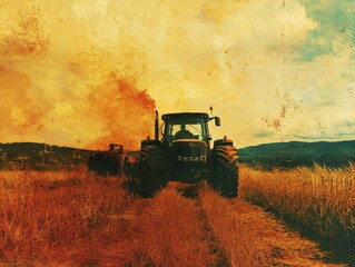 Fototapeta premium Farmers driving tractors through farmland, focus on machinery, rural background, bold colors, double exposure silhouette with wheels and crops