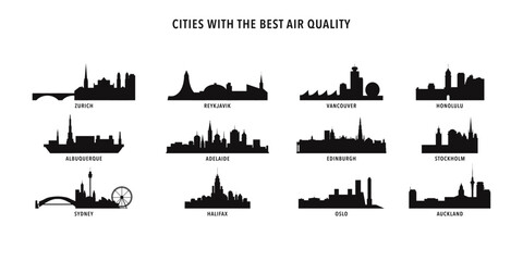 Cities with best air quality - logo, icon collection with skyline of Zurich, Reykjavik, Vancouver, Honolulu, Albuquerque, Adelaide, Edinburgh, Stockholm, Sydney, Halifax, Oslo, Auckland