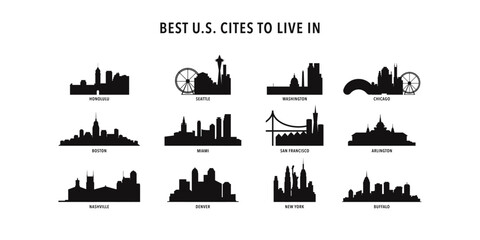 Fototapeta premium Best USA cities to live - logo, icon collection with skylines of Honolulu, Seattle, Washington, Chicago, Boston, Miami, San Francisco, Arlington, Nashville, Denver, New York, Buffalo