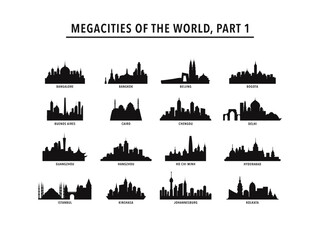 Obraz premium Collection of megacities logos, icons with skylines of Bangalore, Bangkok, Beijing, Bogota, Buenos Aires, Cairo, Chengdu, Delhi, Guangzhou, Hangzhou, Ho Chi Minh, Hyderabad, Istanbul, Johannesburg