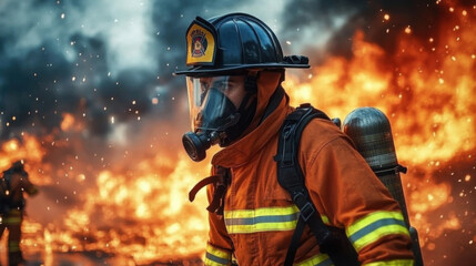 Naklejka premium courageous firefighter battles a raging blaze