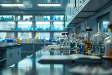 Fototapeta premium Laboratory workplace interior with blurred background