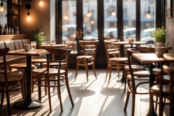 Fototapeta premium Interior of a empty restaurant or cafe in the night with a table, chairs, light and wooden furniture