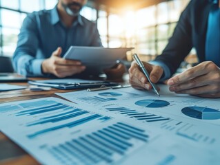 Managers conducting performance reviews with team members, focus on feedback, clean office backdrop, soft lighting, double exposure silhouette with reports and graphs