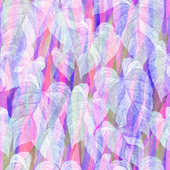 Translucent tropical leaves seamless pattern on abstract purple watercolor background