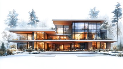 Obraz premium Modern architectural design featuring large glass windows and snow.