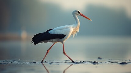 Obraz premium A white stork with black wings and an orange beak walks through shallow water with a blurred background.