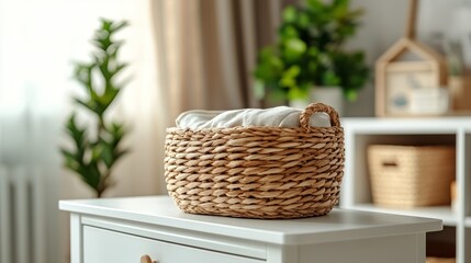 Fototapeta premium Minimalist changing table in a serene gender neutral nursery with soft daylight and natural wood accents