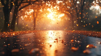 Fototapeta premium Dew-Covered Smooth Road at Sunrise in Autumn with Falling Leaves on a Misty Morning 