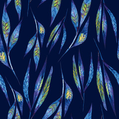 Seamless floral leafy pattern on deep blue background