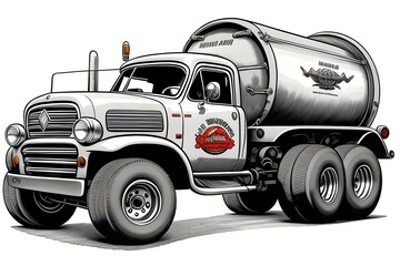unbranded cartoon illustration of industrial work truck, construction, vehicle, heavy duty, machinery, truck, paving truck, rugged, utility, trades, site equipment, cement truck, flatbed truck