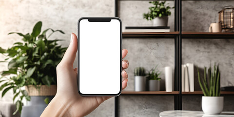 Person Holding Smartphone with Blank Screen in Cozy Room

