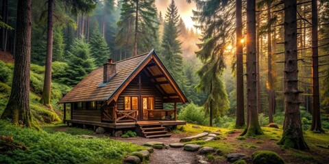 Cozy cabin nestled in a lush forest , house, cabin, home, forest, trees, nature, tranquil, secluded, peaceful, remote